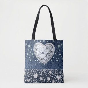 Blue Jean Denim & Diamonds Bling Diamond Heart Tote Bag