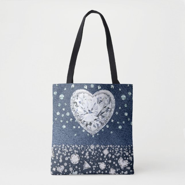 Blue Jean Denim & Diamonds Bling Diamond Heart Tote Bag (Front)