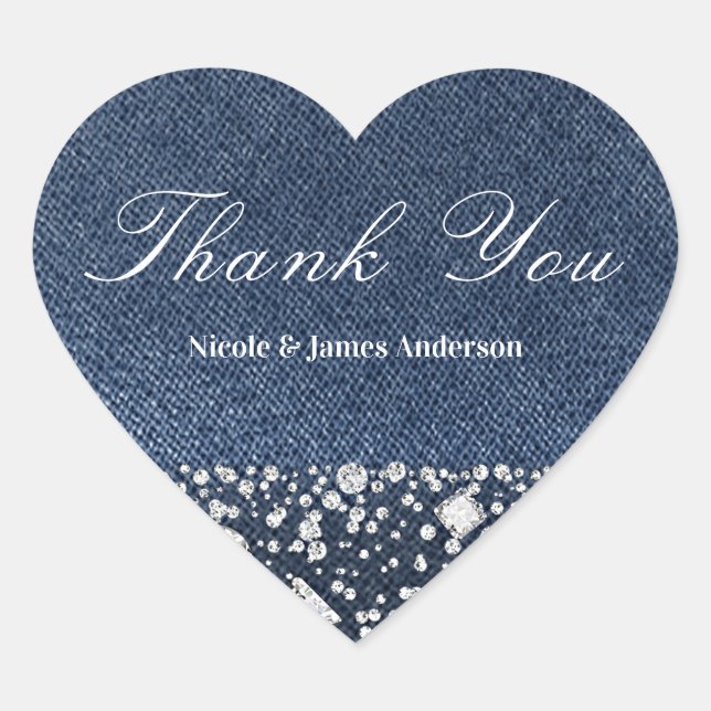 Blue Jean Denim & Diamonds Bling Diamond Party Heart Sticker (Front)