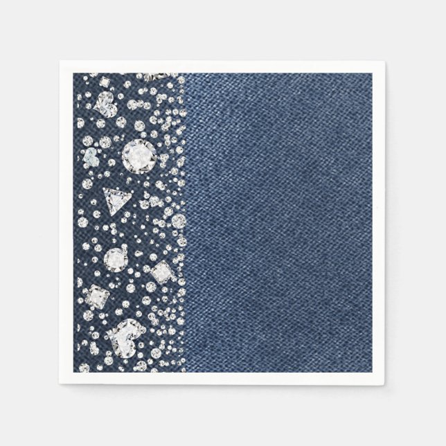Blue Jean Denim & Diamonds Bling Diamond Party Napkin (Front)