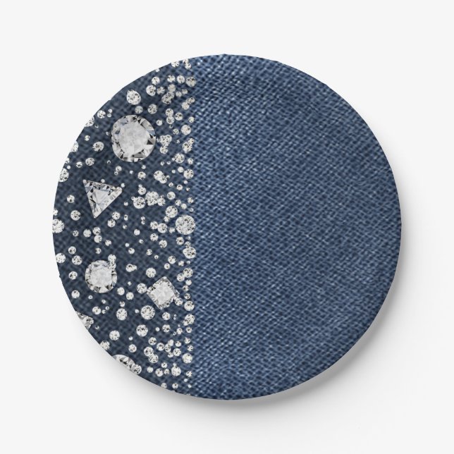 Blue Jean Denim & Diamonds Bling Diamond Party Paper Plate (Front)