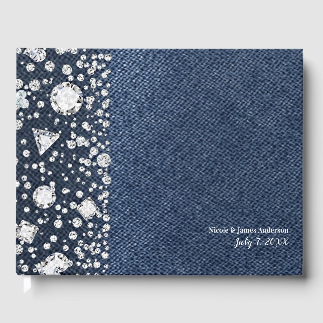 Blue Jean Denim & Diamonds Bling Diamond Wedding Guest Book (Front)