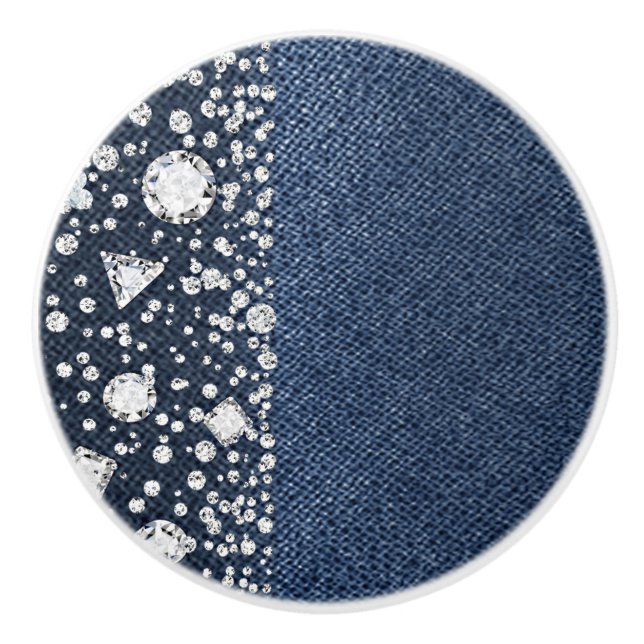Blue Jean Denim Diamonds Glam Trendy Diamond Bling Ceramic Knob (Front)