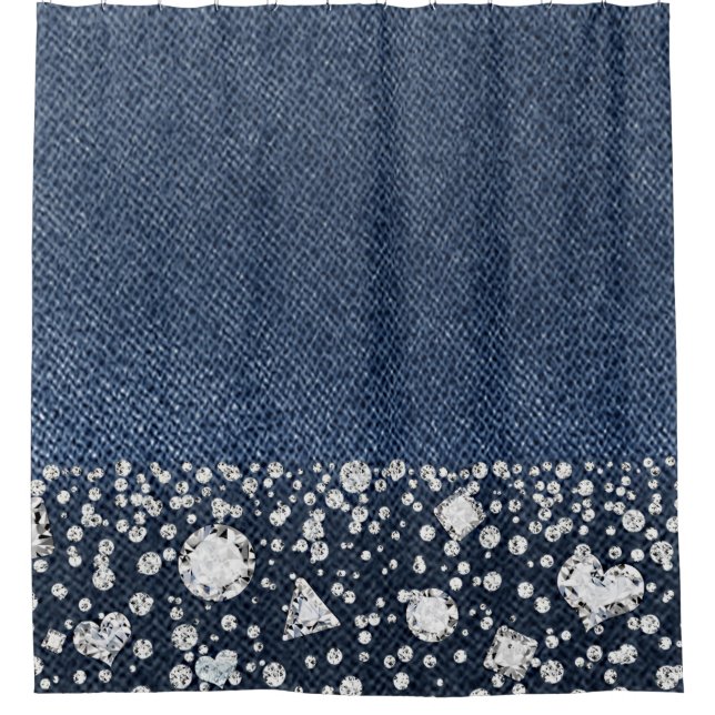 Blue Jean Denim Diamonds Glam Trendy Diamond Bling Shower Curtain (Front)