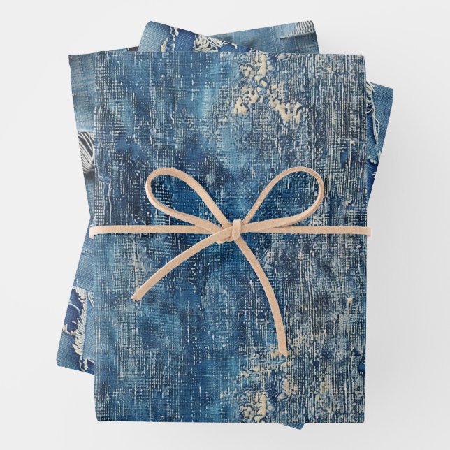 Blue Jean Denim Distressed Pattern Wrapping Paper (In situ)
