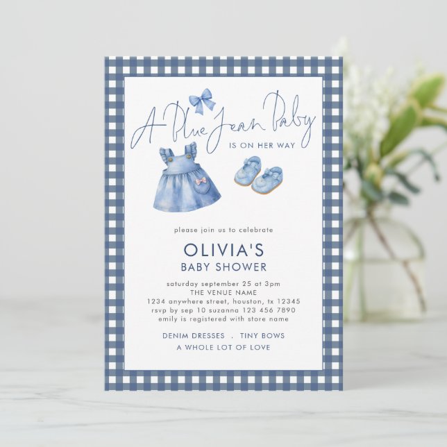 Blue Jean Denim Girl Gingham Baby Shower  Invitation (Standing Front)