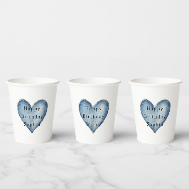 Blue Jean Denim Heart Birthday Paper Cups (Multi)