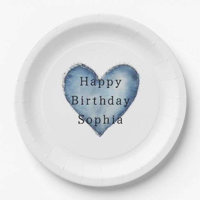 Blue Jean Denim Heart Birthday Paper Plate (Front)