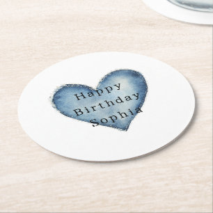Blue Jean Denim Heart Birthday Round Paper Coaster