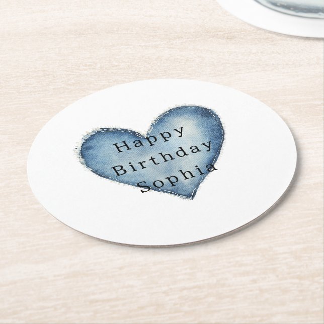 Blue Jean Denim Heart Birthday Round Paper Coaster (Angled)