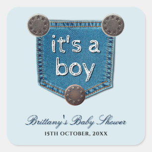 Blue Jean Denim It's a Boy Baby Shower   Square Sticker