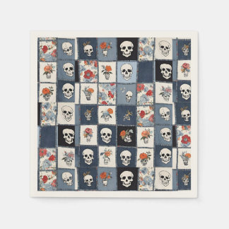 Blue Jean Denim Patchwork Skulls And Florals Napkin