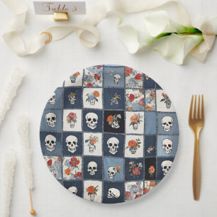 Blue Jean Denim Patchwork Skulls And Florals Paper Plate