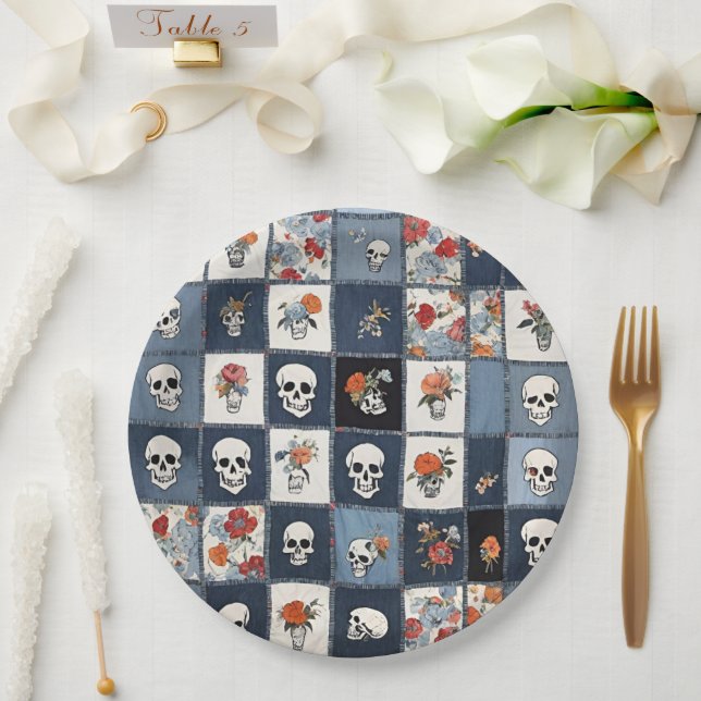 Blue Jean Denim Patchwork Skulls And Florals Paper Plate (Wedding)