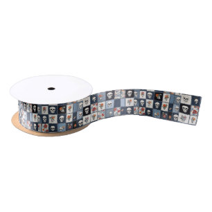 Blue Jean Denim Patchwork Skulls And Florals Satin Ribbon