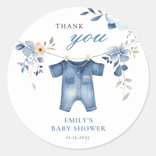 Blue Jean Denim Sweet Boy Baby Shower Classic Round Sticker (Front)