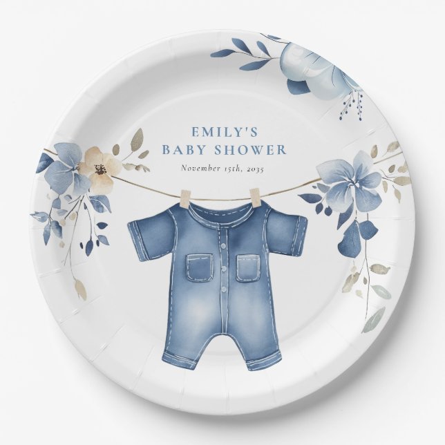 Blue Jean Denim Sweet Boy Baby Shower Paper Plate (Front)