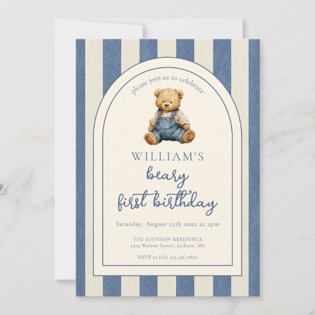 Blue Jean Denim Teddy Bear 1st Birthday Invitation (Front)