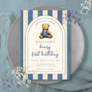 Blue Jean Denim Teddy Bear 1st Birthday Invitation