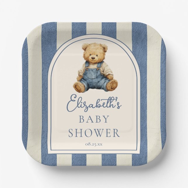 Blue Jean Denim Teddy Bear Baby Shower Paper Plate (Front)