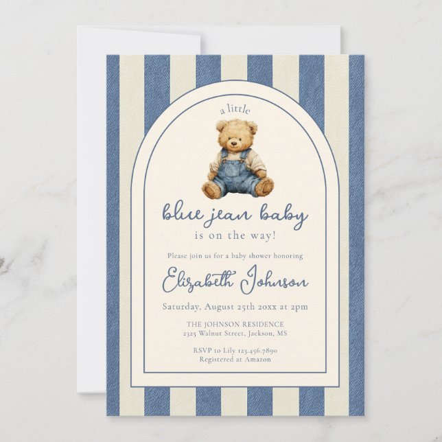 Blue Jean Denim Teddy Bear QR Code Baby Shower Invitation (Front)