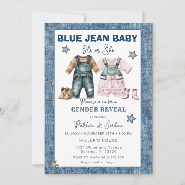 Blue Jean Gender Reveal, He or She  Invitation (Front)
