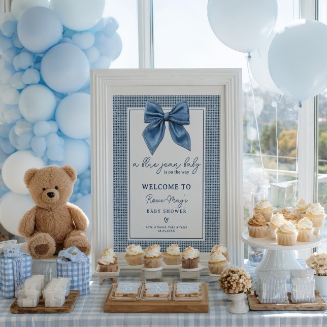 Blue Jean Gingham Coquette Bow Baby Shower Welcome Poster (Blue Jean Gingham Coquette Bow Baby Shower Welcome Poster)