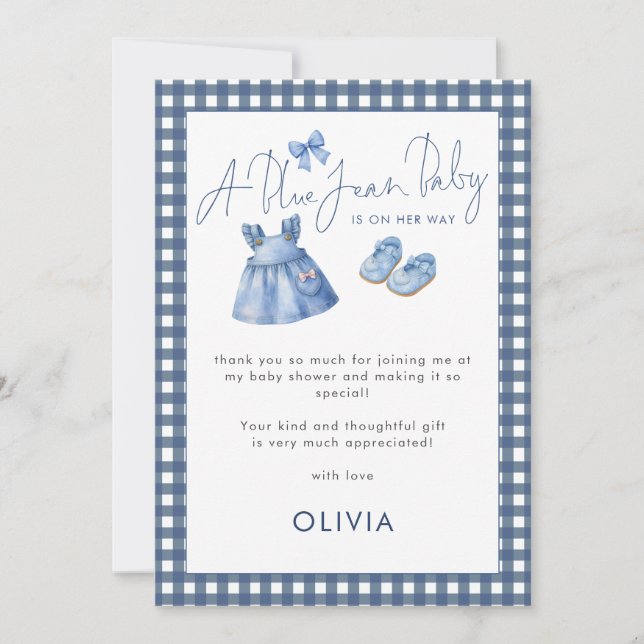 Blue Jean Gingham Thank You Girl Baby Shower  Card (Front)