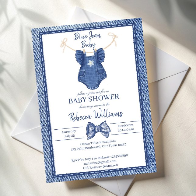 Blue jean girls clothes on a line baby shower invitation (Blue jean girls clothes on a line baby shower invitation cards template preppy denim baby shower )