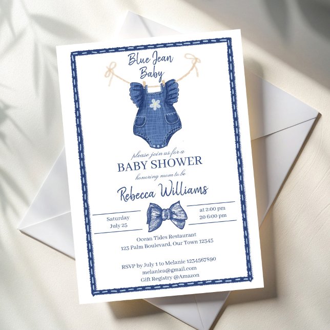 Blue jean girls clothes on a line baby shower invitation (Blue jean girls clothes on a line  coquette bow baby shower invitation cards template)
