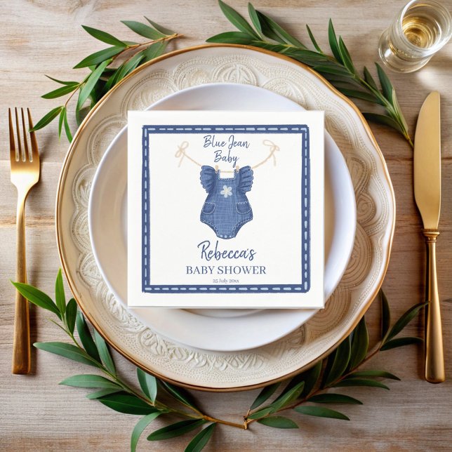 Blue jean girls clothes on a line baby shower napkin (Blue jean girls clothes on a line preppy denim baby shower monogrammed napkins personalized decor)