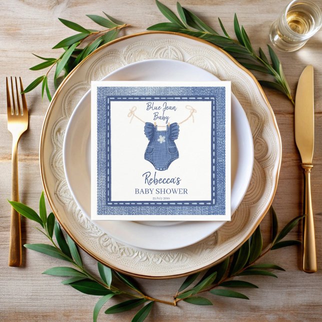 Blue jean girls clothes on a line baby shower napkin (Blue jean girls clothes on a line  denim preppy baby shower monogrammed napkins personalized decor)