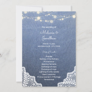 Blue Jean, Lace String Lights Ceremony Program Invitation