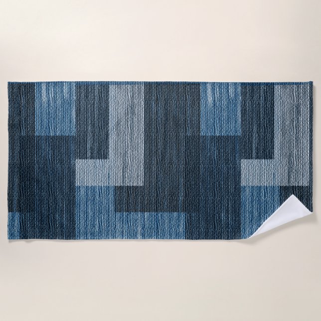 Blue Jean patch Work Faux Burlap Beach Towel (Front)
