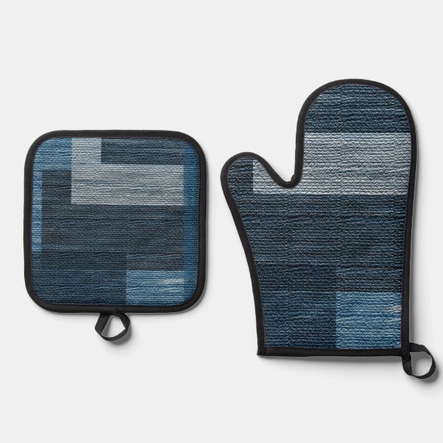 Blue Jean patch Work Faux Burlap design Oven Mitt & Pot Holder Set (Front)