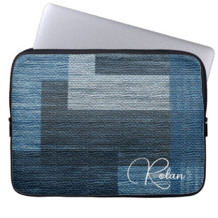 Blue Jean patch Work Faux Burlap Laptop Sleeve