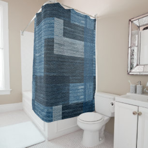 Blue Jean patch Work Faux Burlap Shower Curtain