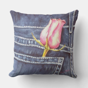 BLUE JEAN POCKET with PINK ROSE BUD FLOWER PATIO Cushion
