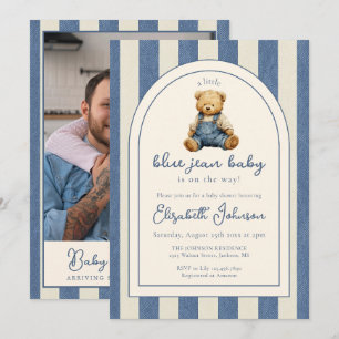 Blue Jean Teddy Bear Photo QR Code Baby Shower Invitation