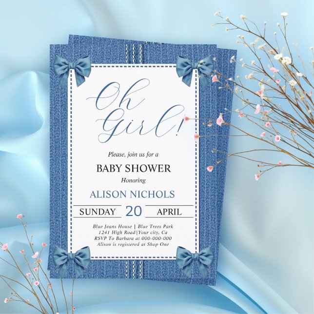 Blue jean with seams and bows baby girl shower invitation (Creator Uploaded)
