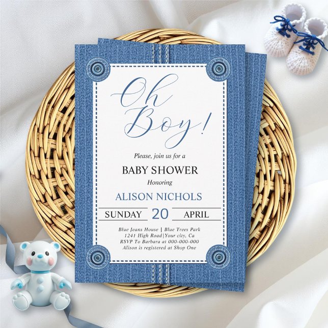 Blue jean with seams and buttons baby boy shower invitation (Creator Uploaded)