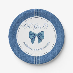 Blue jean with stitches and bow baby girl shower paper plate