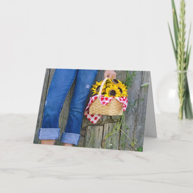 blue jeans and sunflower basket birthday card (Front)