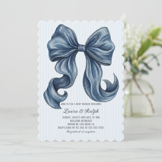 Blue Jeans Bow Baby Shower Invitation (Standing Front)