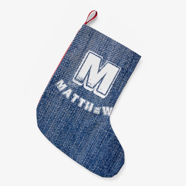 Blue Jeans Christmas Personalised Name Small Christmas Stocking (Front (Hanging))