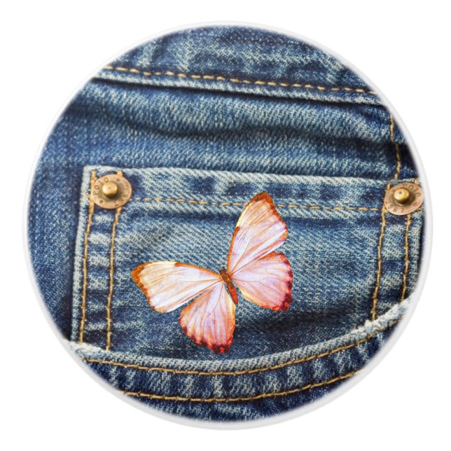 Blue Jeans Denim Look and Pretty Butterfly Ceramic Knob (Front)