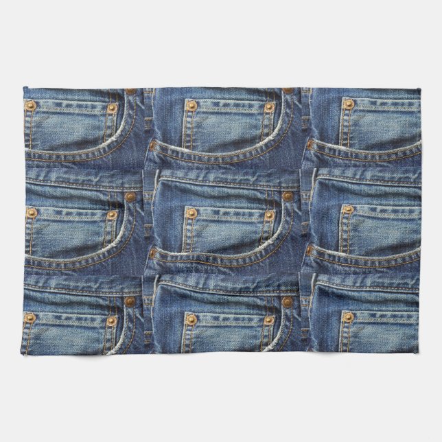 Blue Jeans Denim Look Pocket Tea Towel (Horizontal)