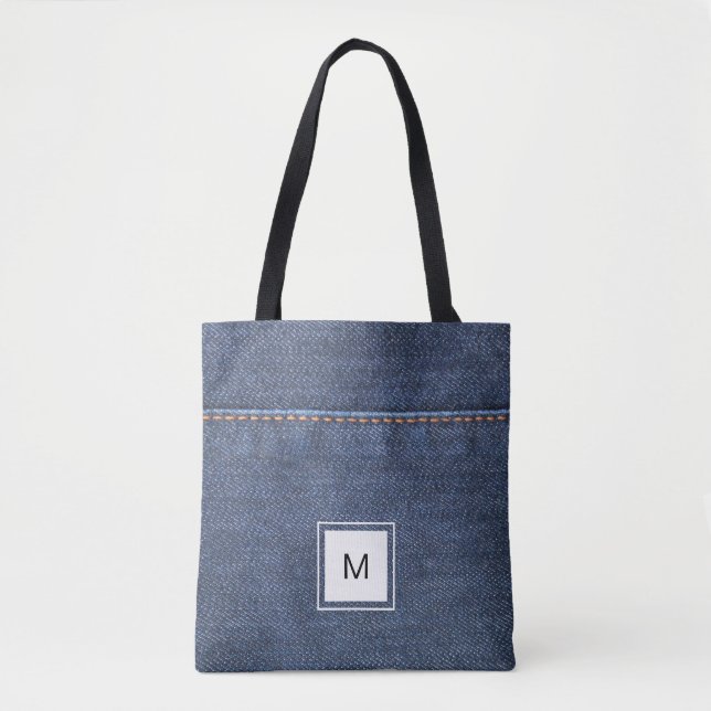 Blue jeans denim style personalised monogram tote bag (Front)