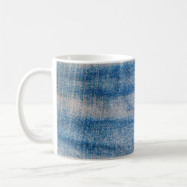 Blue jeans fabric texture, textile background coffee mug (Left)
