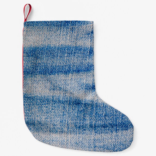 Blue jeans fabric texture, textile background small christmas stocking (Front)